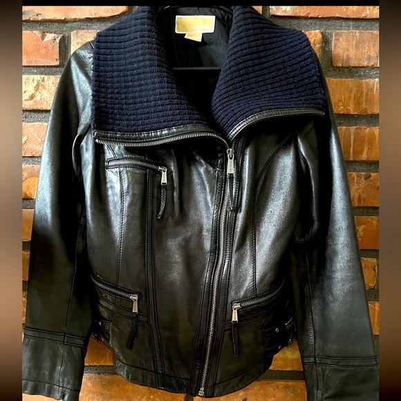 Michael Kors Black/Blue Leather Bomber jacket - Picture 1 of 6